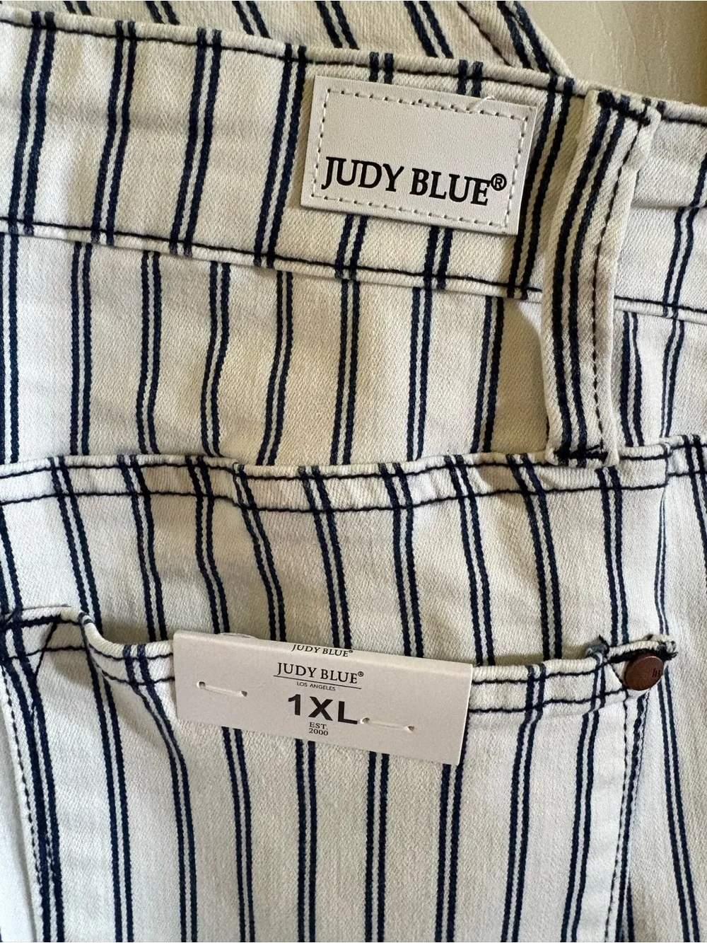 NWT Judy Blue Size 1x Striped White & Blue Painter Overalls *small call out